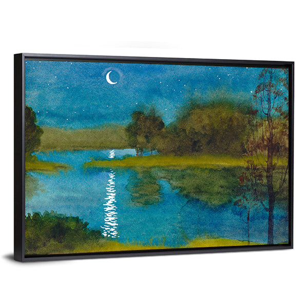 Moonlit Quiet River Watercolor Canvas Wall Art