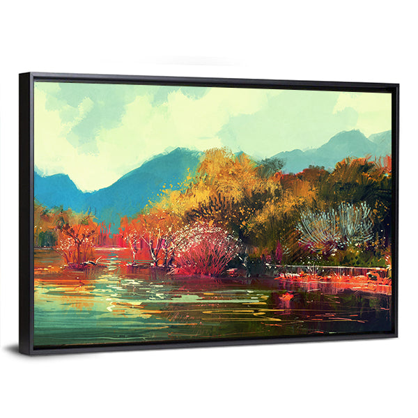Autumn Lake Forest Illustration Canvas Wall Art