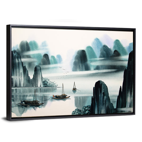 Misty River Chinese Watercolor Landscape Canvas Wall Art