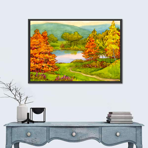 Watercolor Autumn Landscape with Winding Path Canvas Wall Art