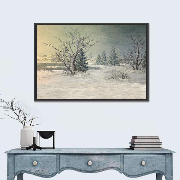 Snow-covered Field with Bare Trees and Mountains Canvas Wall Art