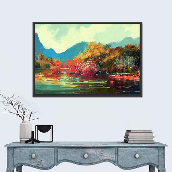 Autumn Lake Forest Illustration Canvas Wall Art