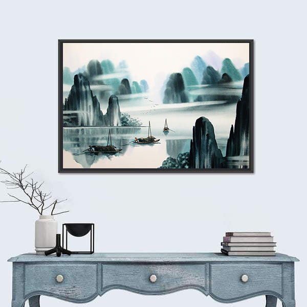 Misty River Chinese Watercolor Landscape Canvas Wall Art