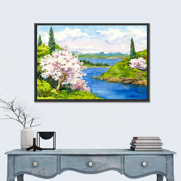 Spring Cherry Blossom Lake Landscape Canvas Wall Art