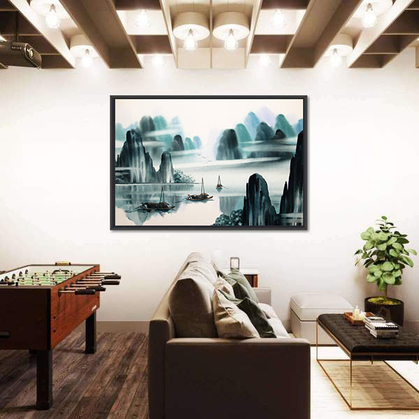 Misty River Chinese Watercolor Landscape Canvas Wall Art