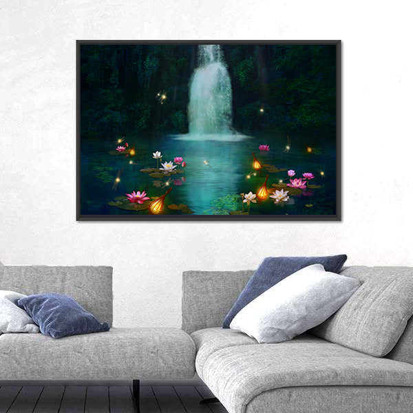 Waterfall with Lotus and Lanterns Canvas Wall Art