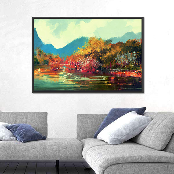 Autumn Lake Forest Illustration Canvas Wall Art
