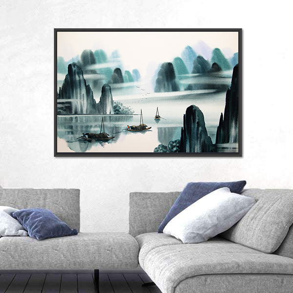 Misty River Chinese Watercolor Landscape Canvas Wall Art