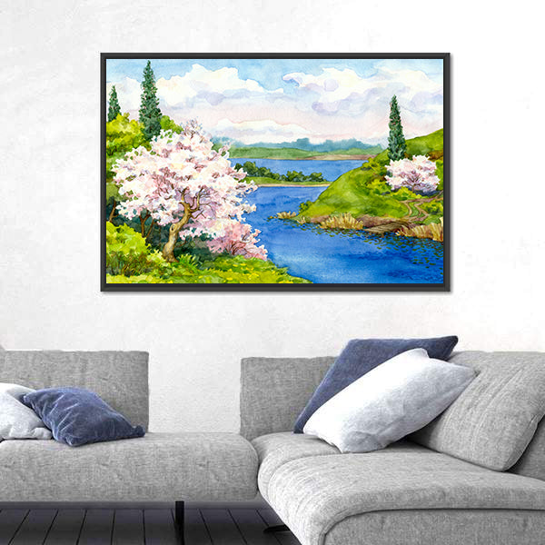 Spring Cherry Blossom Lake Landscape Canvas Wall Art