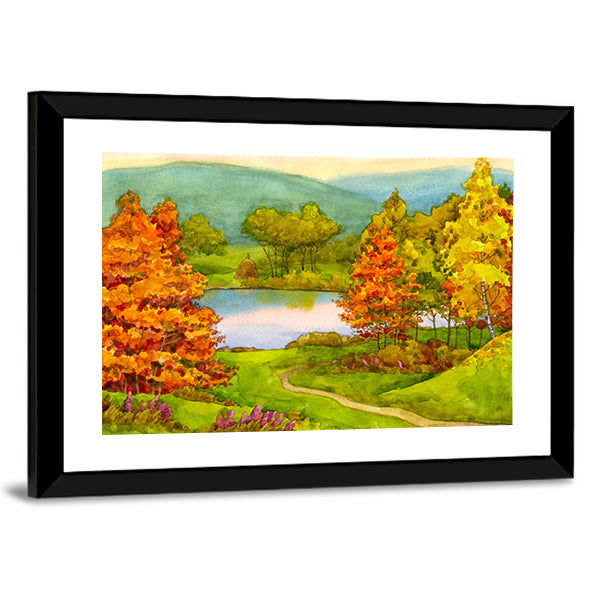 Watercolor Autumn Landscape with Winding Path Canvas Wall Art
