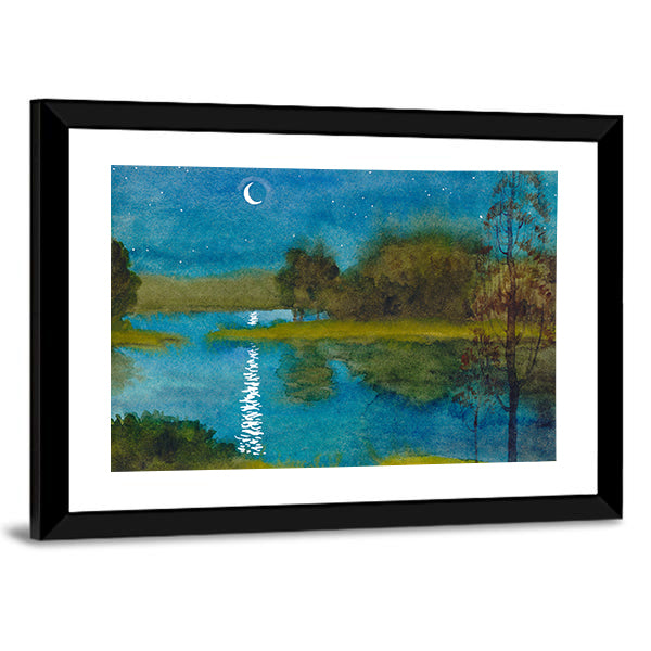 Moonlit Quiet River Watercolor Canvas Wall Art