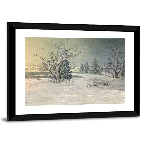 Snow-covered Field with Bare Trees and Mountains Canvas Wall Art