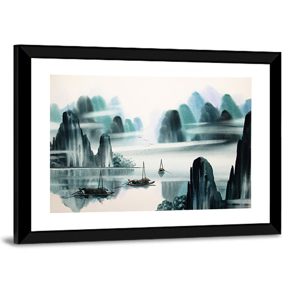Misty River Chinese Watercolor Landscape Canvas Wall Art