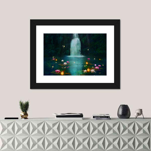 Waterfall with Lotus and Lanterns Canvas Wall Art