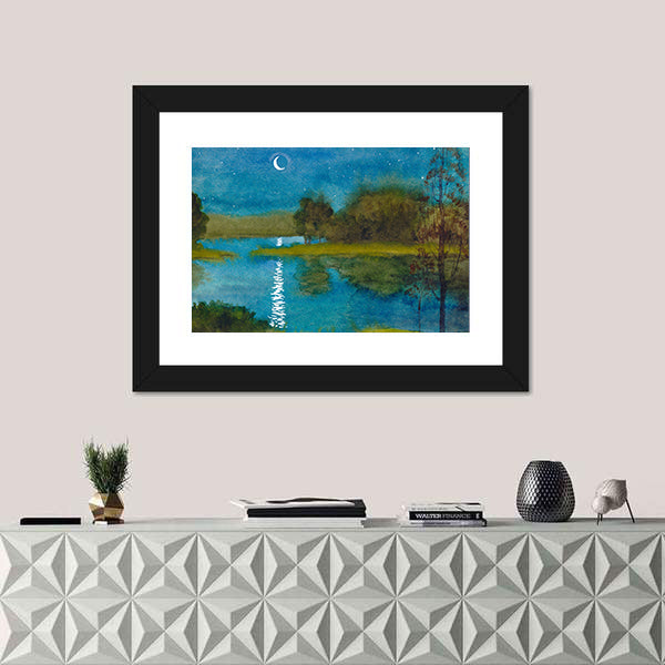 Moonlit Quiet River Watercolor Canvas Wall Art