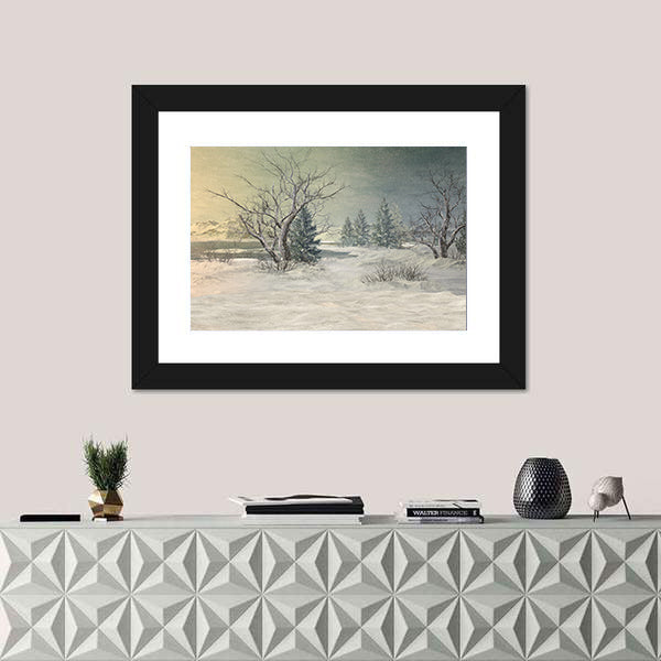Snow-covered Field with Bare Trees and Mountains Canvas Wall Art