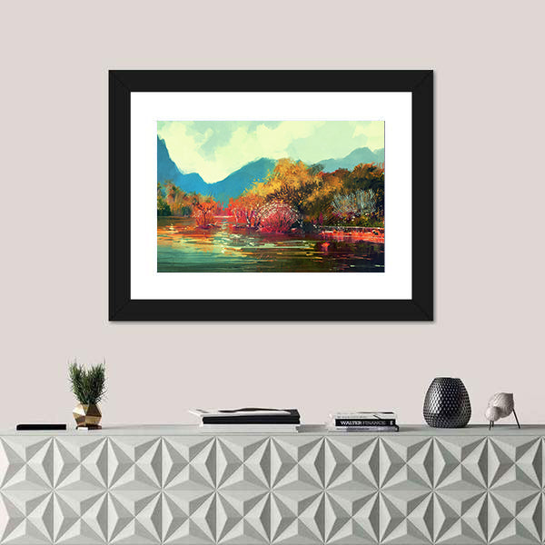 Autumn Lake Forest Illustration Canvas Wall Art