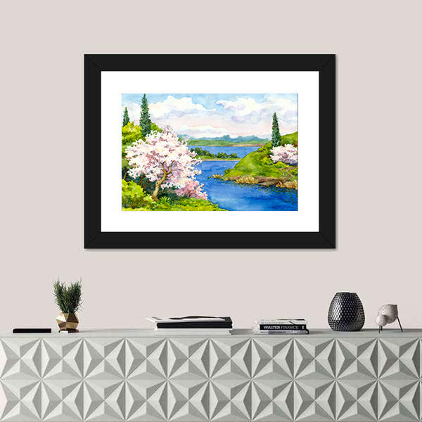 Spring Cherry Blossom Lake Landscape Canvas Wall Art