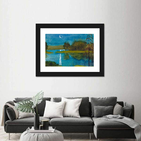 Moonlit Quiet River Watercolor Canvas Wall Art