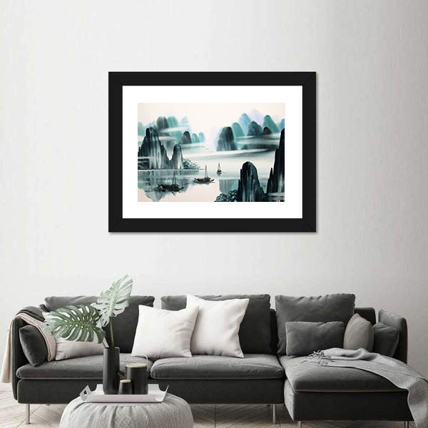 Misty River Chinese Watercolor Landscape Canvas Wall Art