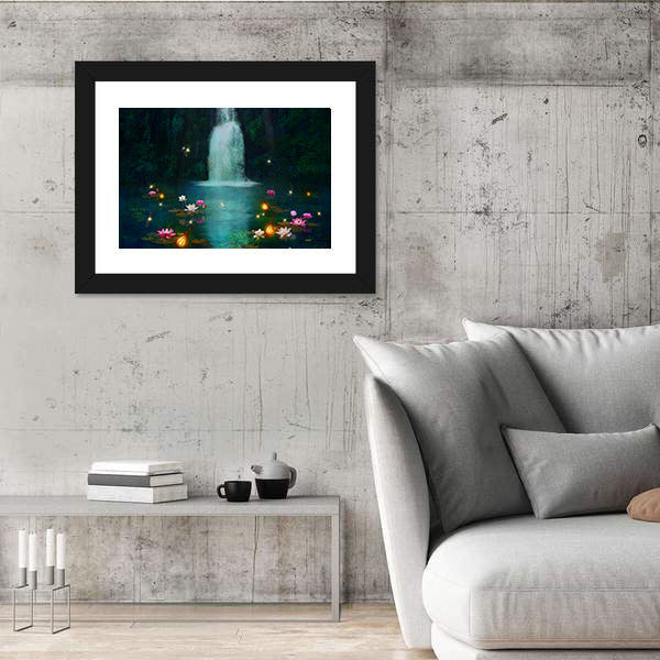 Waterfall with Lotus and Lanterns Canvas Wall Art