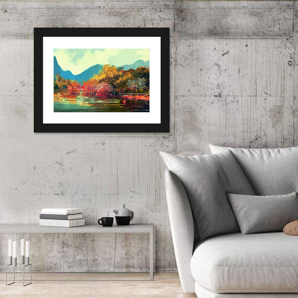 Autumn Lake Forest Illustration Canvas Wall Art