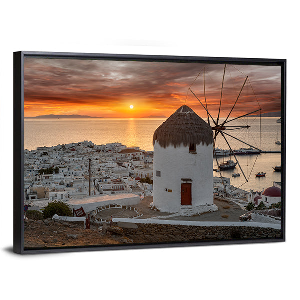 Mykonos Sunset with White Windmill Canvas Wall Art