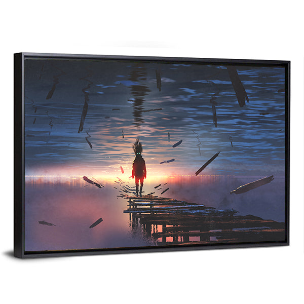 Hooded Figure on Broken Bridge Canvas Wall Art