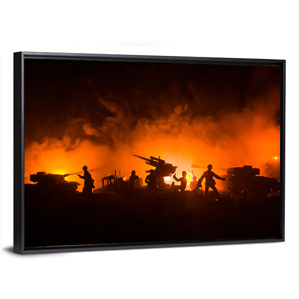 Soldier Silhouettes with Tanks and Anti-aircraft Canvas Wall Art