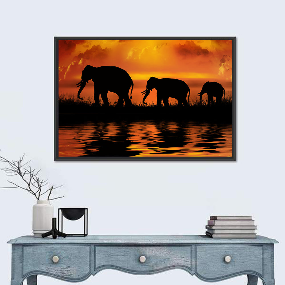 Three Elephants at Sunset Canvas Wall Art