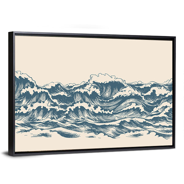 Ocean Waves Woodblock Sketch Canvas Wall Art