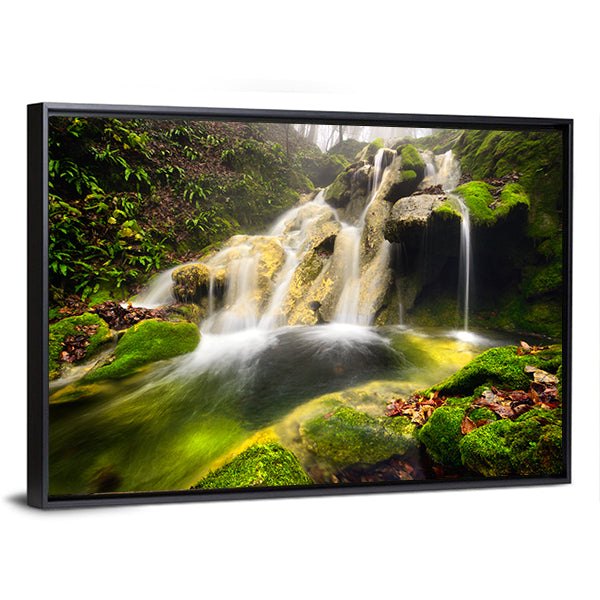 Forest Waterfall with Moss-covered Rocks Canvas Wall Art