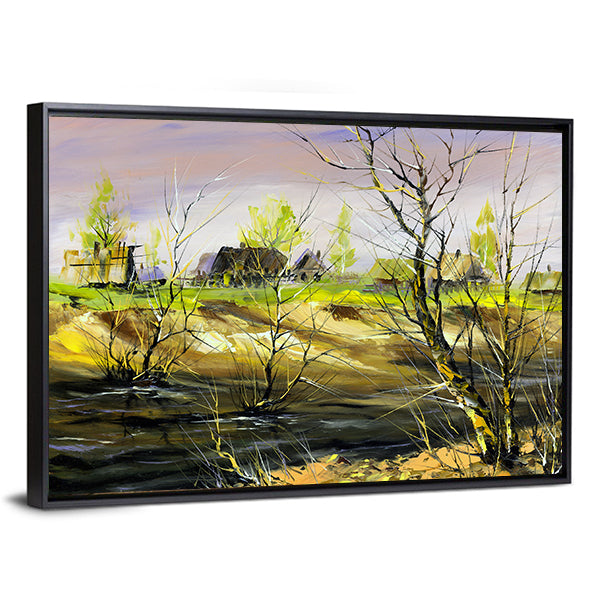 Thatched Cottage on Riverbank Canvas Wall Art