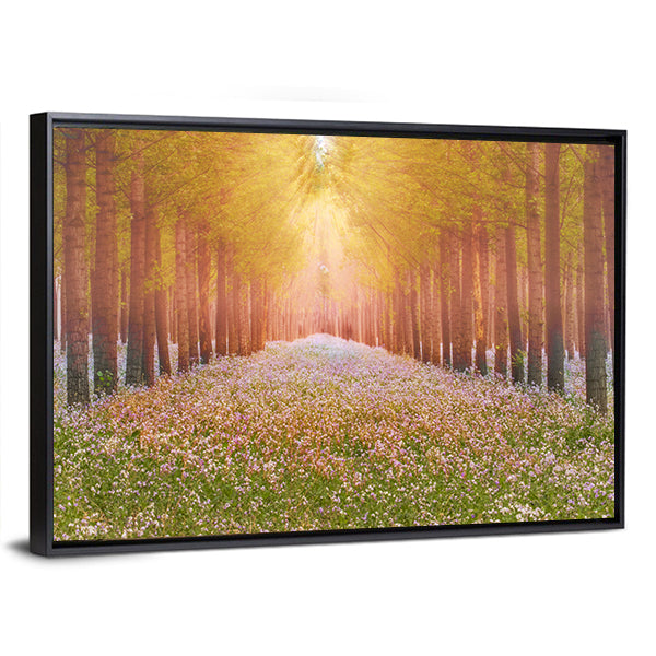 Sunlit Forest Path with Wildflowers Canvas Wall Art