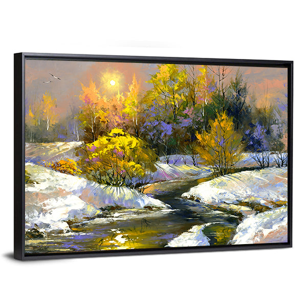 Winter River Through Snowy Forest Canvas Wall Art