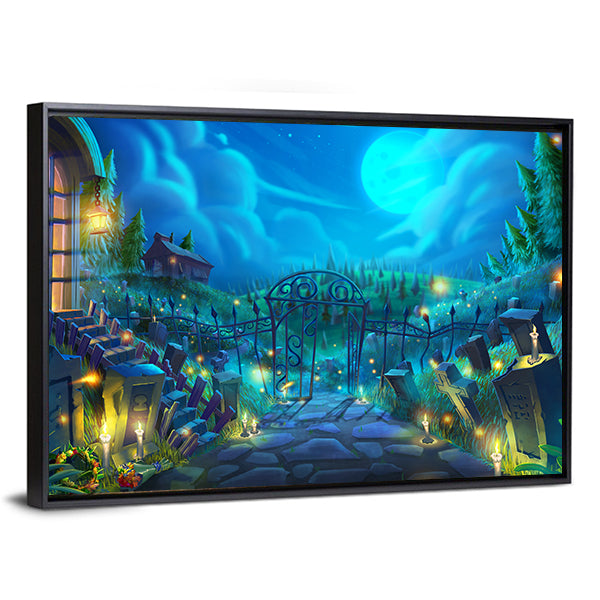 Moonlit Graveyard with Iron Gate Canvas Wall Art