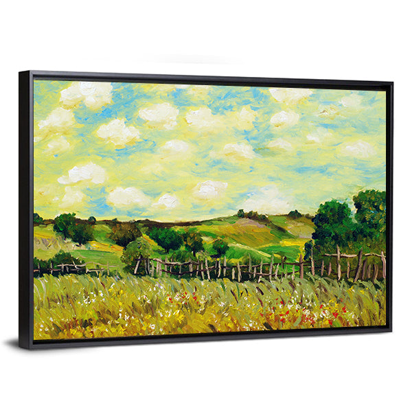 Sunlit Rolling Green Farm Fields Painting Canvas Wall Art