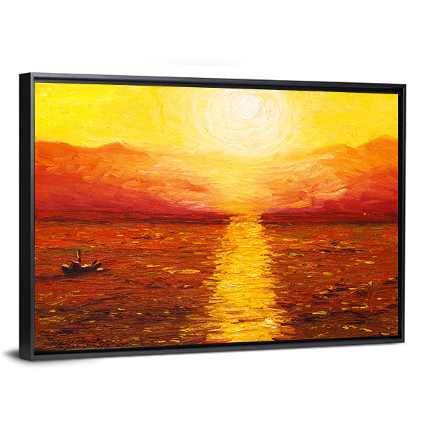 Sunset Sea with Boat Oil Painting Canvas Wall Art
