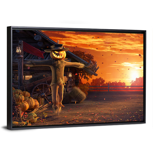 Pumpkin Scarecrow at Autumn Sunset Canvas Wall Art