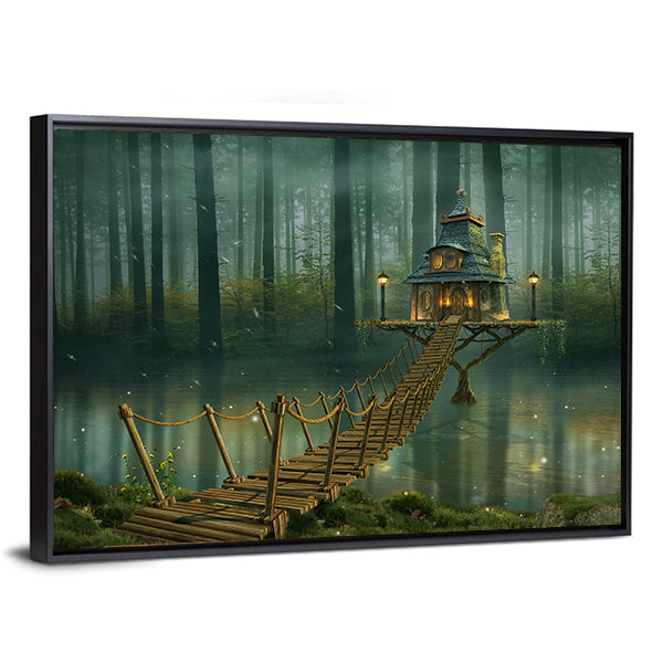 Fairy House on Tree Trunk with Rope Bridge Canvas Wall Art
