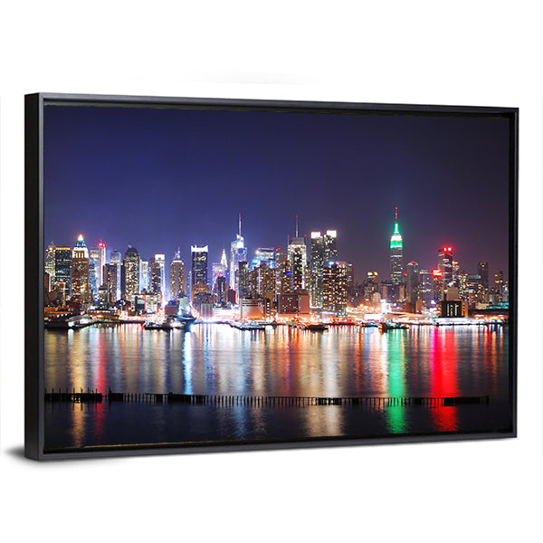 Times Square Reflections Over Hudson River Canvas Wall Art