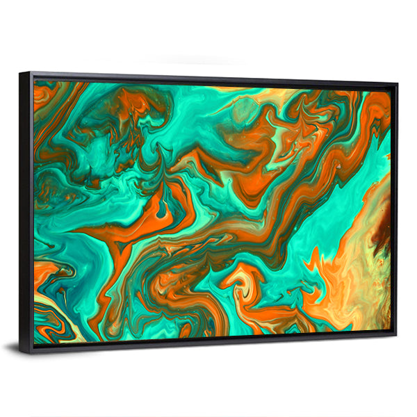 Turquoise and Orange Liquid Abstract Canvas Wall Art