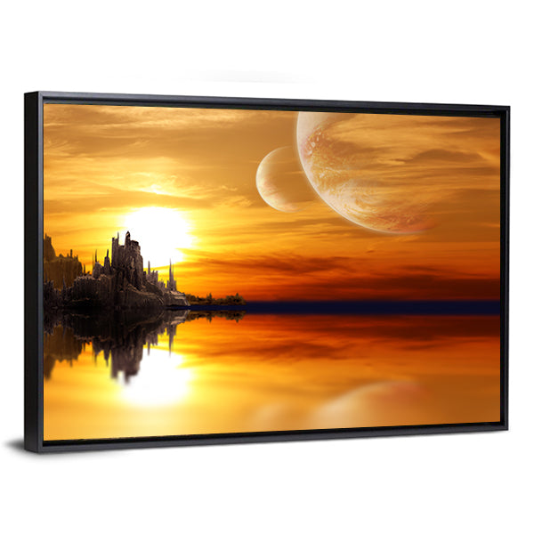 Alien Planet Sunset with Twin Moons Canvas Wall Art
