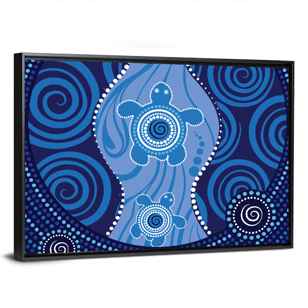 Blue Aboriginal Sea Turtles Dot Painting Canvas Wall Art