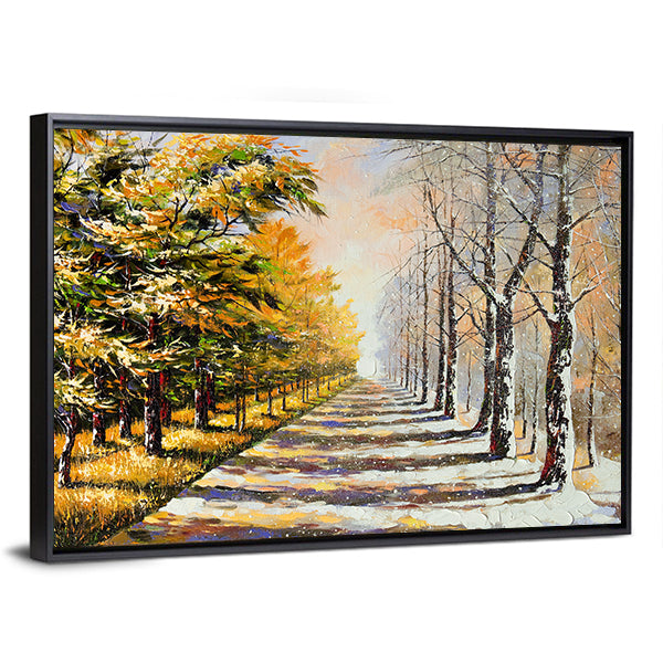 Autumn Walkway with Snow Canvas Wall Art