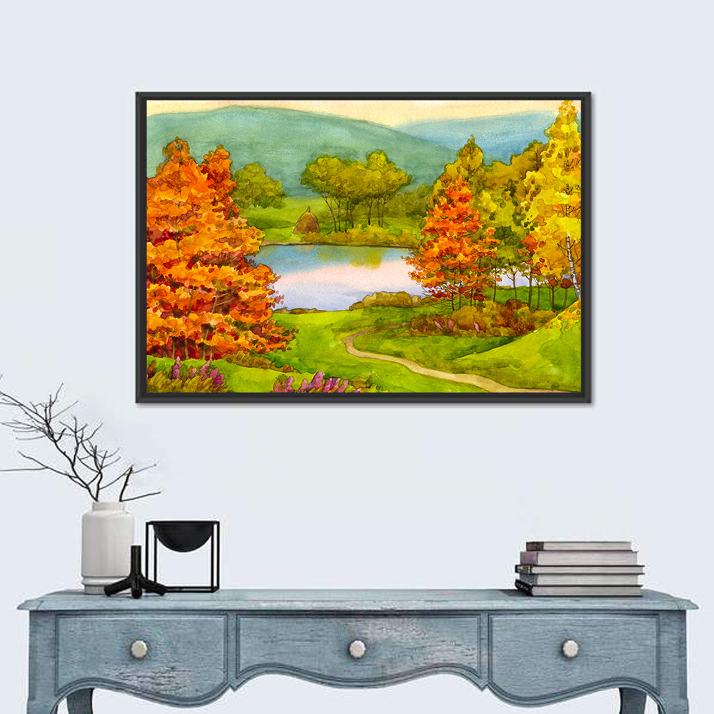 Autumn Lake with Winding Path Canvas Wall Art