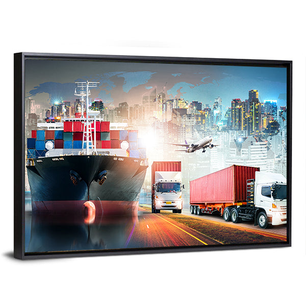 Global Logistics Collage with Cargo Ship and Containers Canvas Wall Art