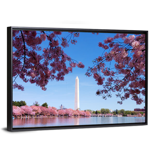 Cherry Blossom And Washington Monument Over Lake Canvas Wall Art