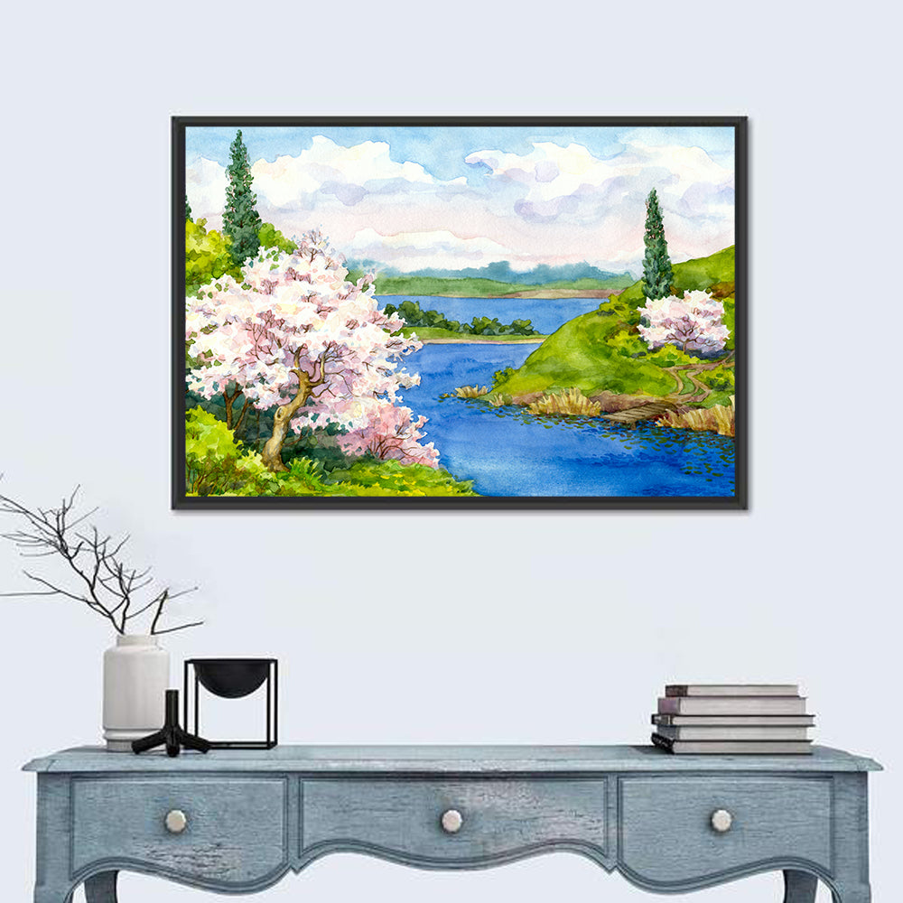 Watercolor Spring Cherry Blossom Landscape Canvas Wall Art