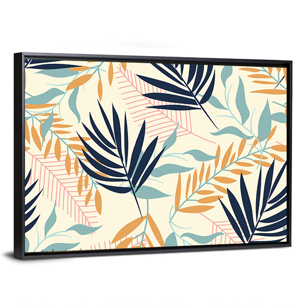 Tropical Leaves Pattern in Navy and Mustard Canvas Wall Art